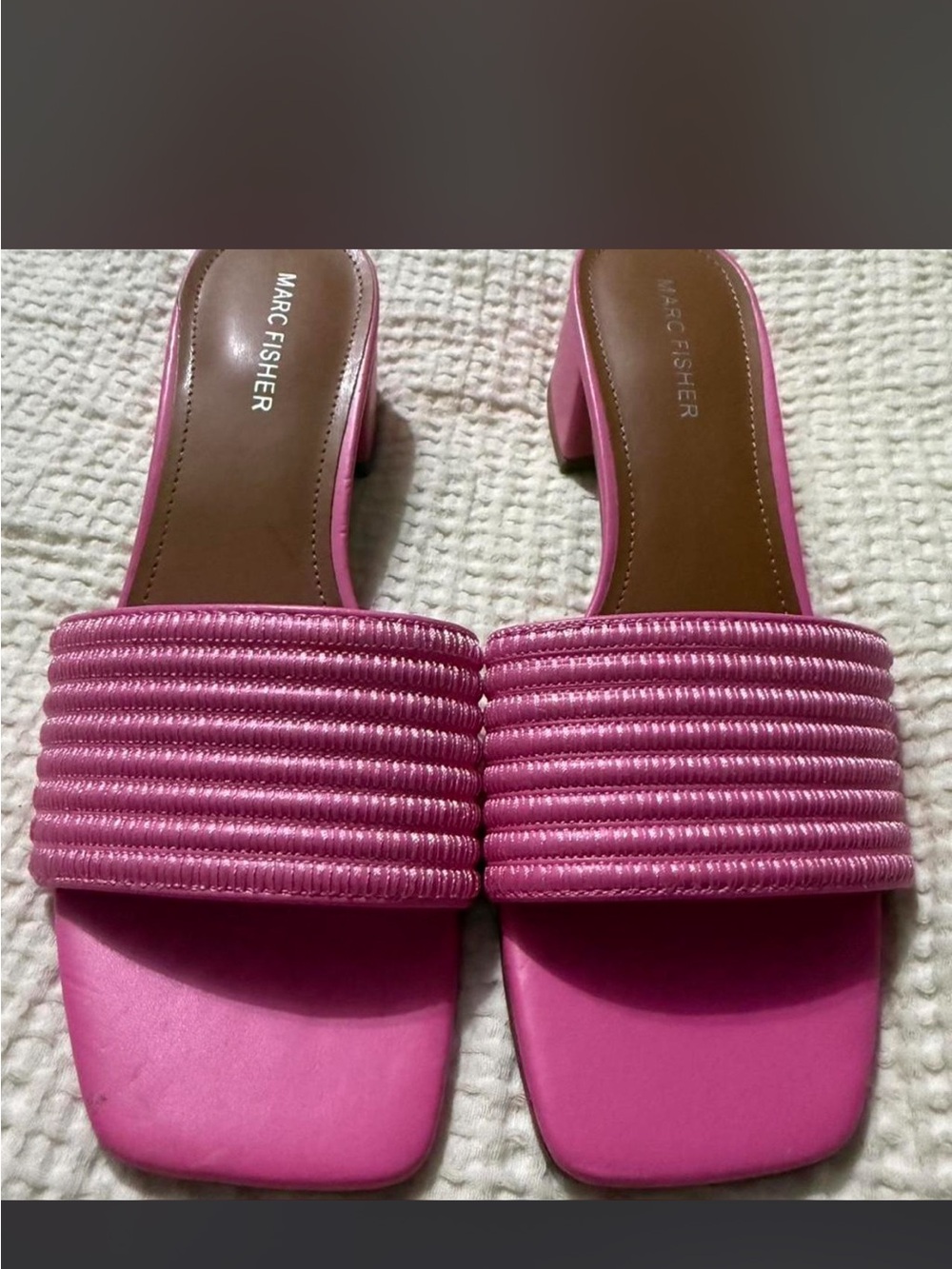 Marc Fisher Pink Ribbed Strap Square Toe Block Heel Mules